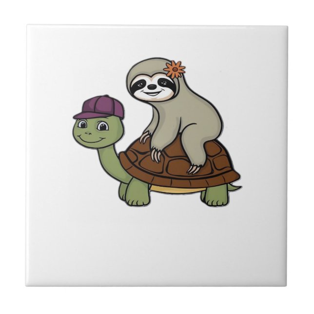 Sloth riding a turtle Classic T-Shirt Ceramic Tile (Front)