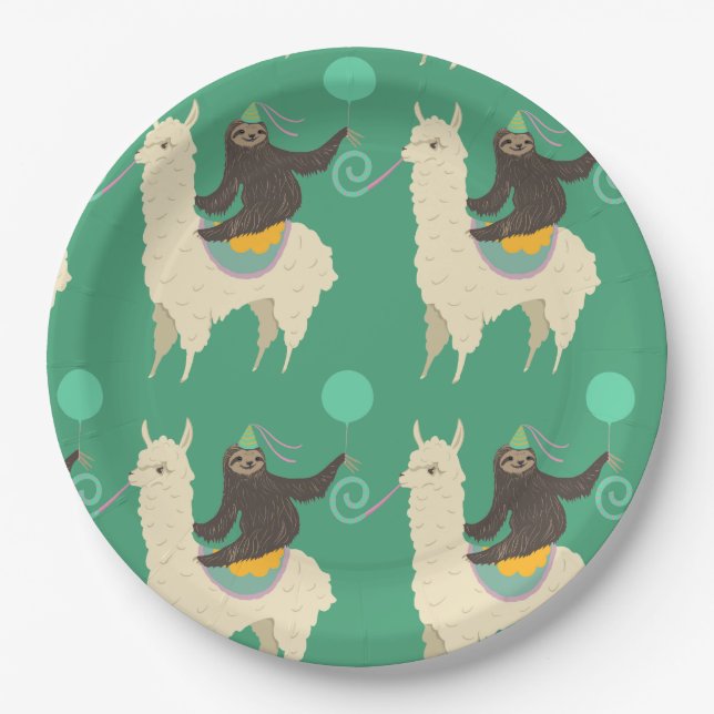 Sloth Riding Llama Birthday Paper Plate (Front)