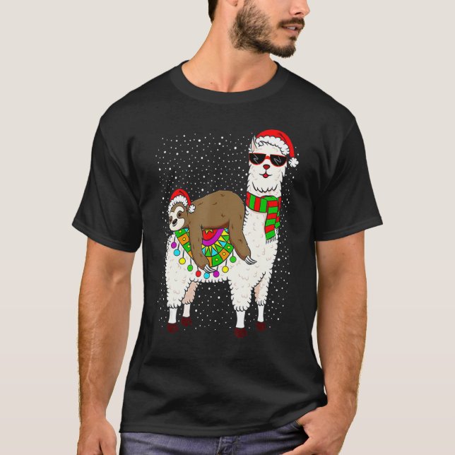 Sloth Riding Llama Christmas Scarf Santa Hat T-Shirt (Front)