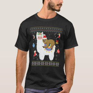 Sloth Riding Llama Christmas Scarf Santa Hat Ugly T-Shirt