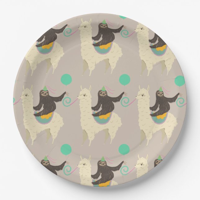 Sloth Riding Llama Grey Birthday Paper Plates (Front)