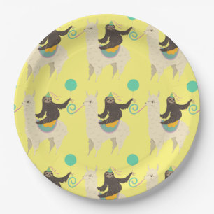Sloth Riding Llama Yellow Birthday Paper Plate