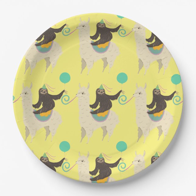 Sloth Riding Llama Yellow Birthday Paper Plate (Front)