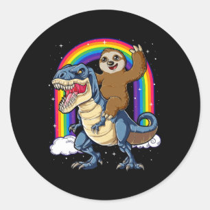 Sloth Riding T-rex Dinosaur Rainbow Funny Animals Classic Round Sticker