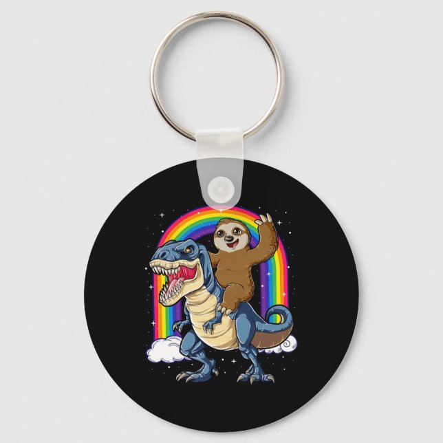 Sloth Riding T-rex Dinosaur Rainbow Funny Animals  Key Ring (Front)
