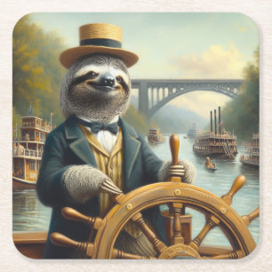 Sloth Riverboat Captain Square Paper Coaster