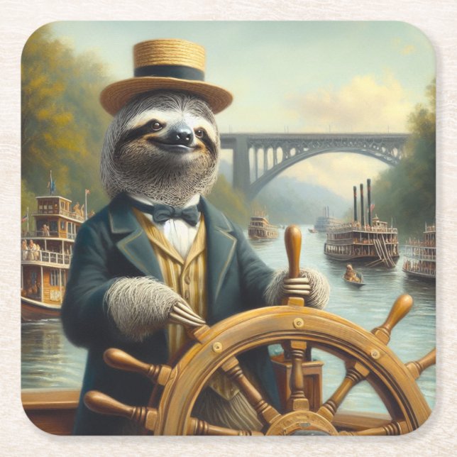 Sloth Riverboat Captain Square Paper Coaster (Front)