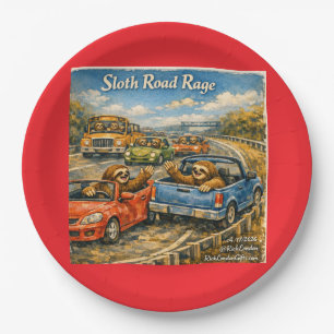 Sloth Road Rage – Rockwell‑Inspired Watercolor Car Paper Plate
