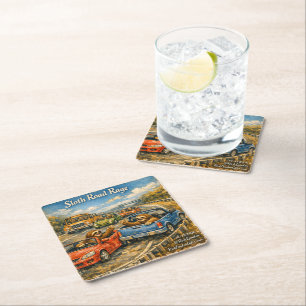 Sloth Road Rage – Rockwell‑Inspired Watercolor Car Square Paper Coaster