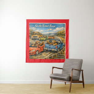 Sloth Road Rage – Rockwell‑Inspired Watercolor Car Tapestry