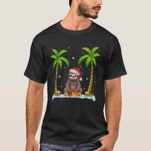 Sloth Santa Hat Palm Tree Beach Xmas Pajama  T-Shirt