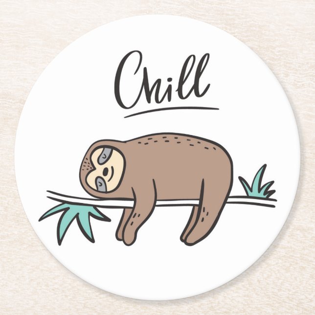 Sloth Says Chill Round Paper Coaster (Front)