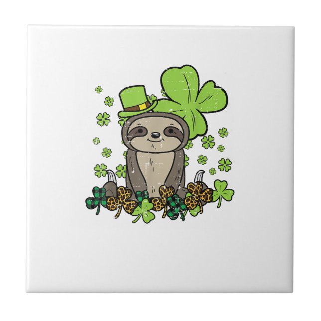 Sloth Shamrock Plaid Leopard St Patricks Day Men W Ceramic Tile (Front)