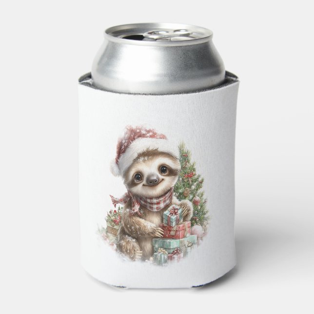 Sloth Shirt Christmas Santa Hat Can Cooler (Can Front)