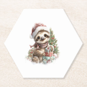 Sloth Shirt Christmas Santa Hat Paper Coaster