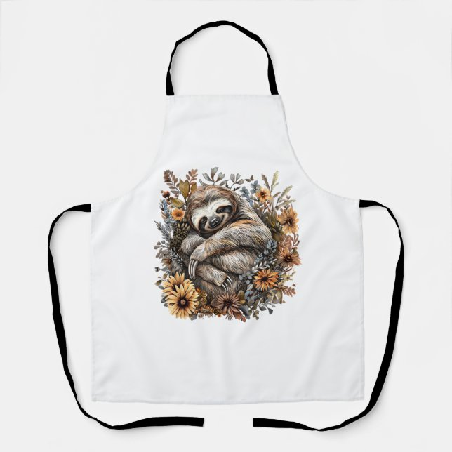 Sloth Sleeping Floral Sleepy Sloth Napping Sleepin Apron (Front)