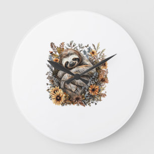 Sloth Sleeping Floral Sleepy Sloth Napping Sleepin Large Clock