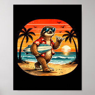 Sloth Surfboarder Hawaii Wave Surfing Beach Poster
