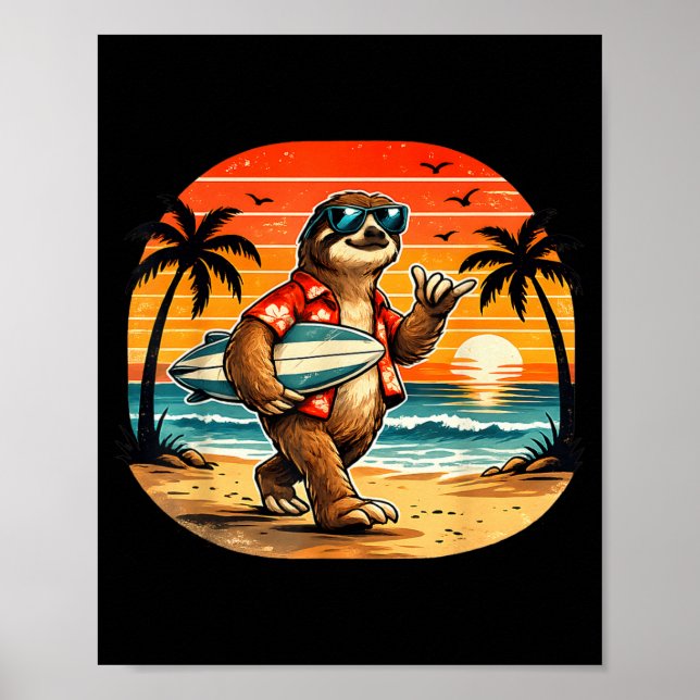Sloth Surfboarder Hawaii Wave Surfing Beach Poster (Front)