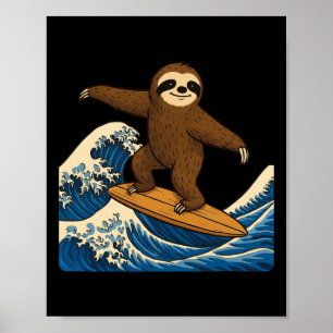 Sloth Surfing Japanese Wave Poster