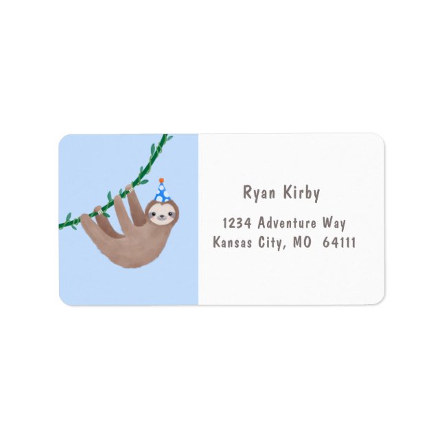 Sloth theme birthday with blue and white polka dot label (Front)