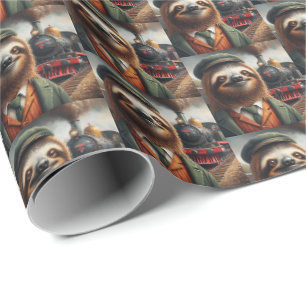 Sloth Train Engineer Wrapping Paper