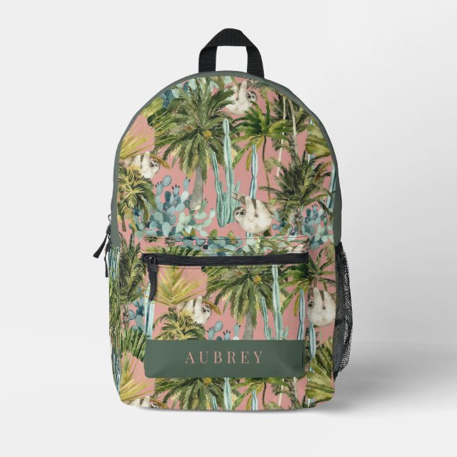 Sloth Tropical Rainforest Jungle Cactus Pink Printed Backpack (Front)