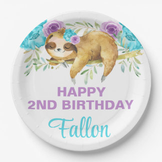 Sloth turquoise purple girl birthday paper plates. plate