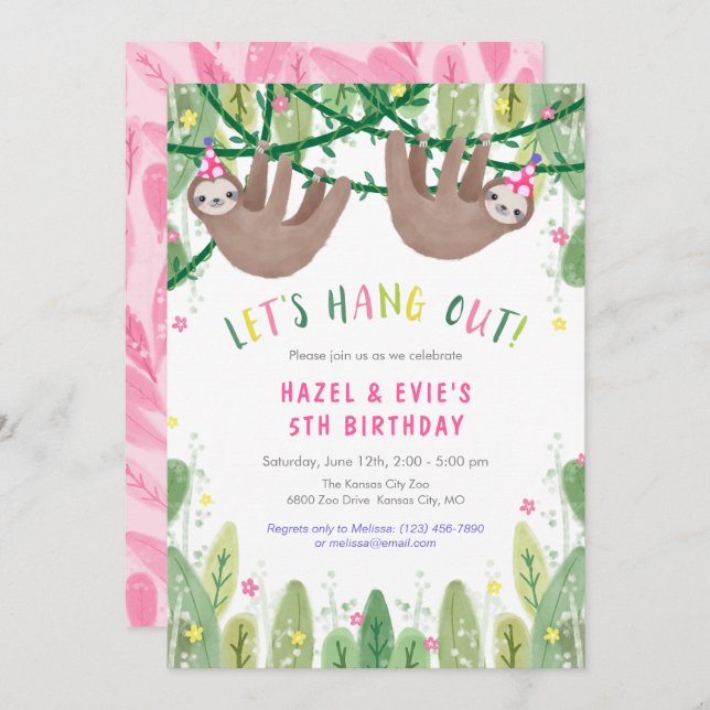 Sloth TWIN GIRL Birthday Party in Pink and White   Invitation (Front/Back)