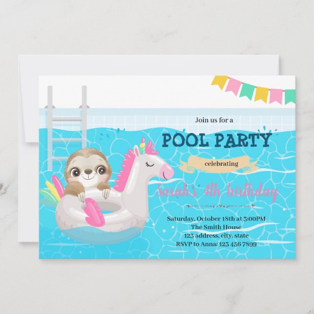 Sloth unicorn pool birthday party invitation (Front)
