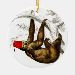 Sloth Wearing Fez Absurd Vintage Funny Ceramic Ornament