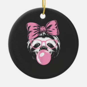 Sloth Wearing Glasses and Blowing Pink Bubble Gum  Ceramic Ornament