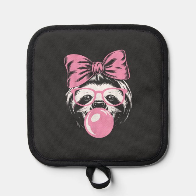 Sloth Wearing Glasses and Blowing Pink Bubble Gum  Pot Holder (Front)