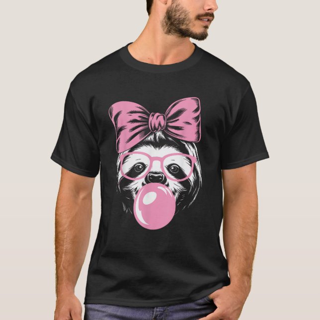 Sloth Wearing Glasses and Blowing Pink Bubble Gum  T-Shirt (Front)