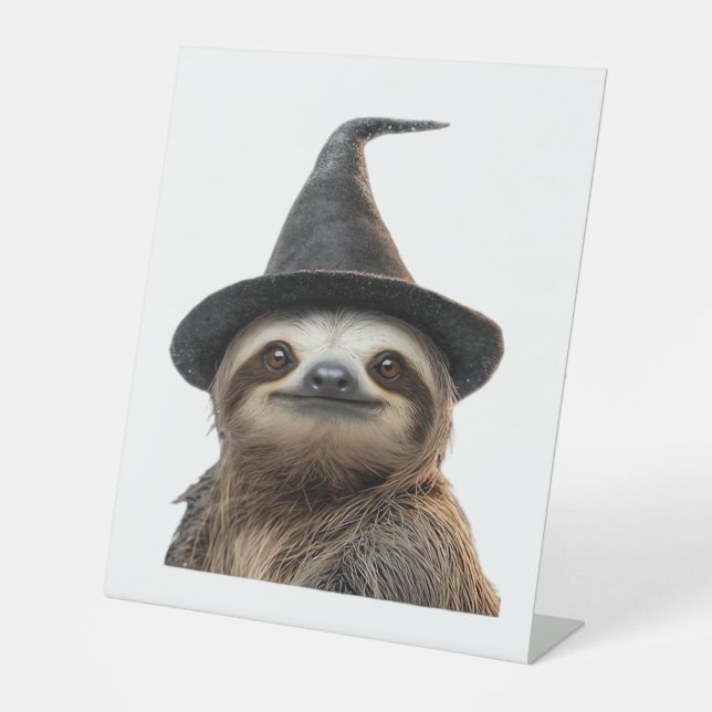 Sloth Wearing Halloween Witch Hat Classic T-Shirt Pedestal Sign (Front)