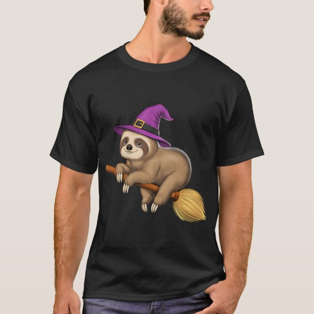 Sloth Witch Riding Broom T-Shirt (Front)
