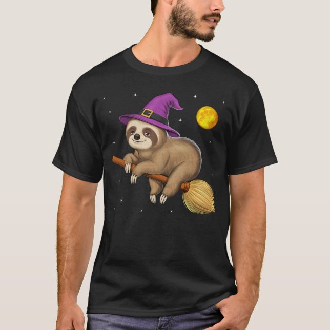Sloth Witch Riding Broom T-Shirt (Front)