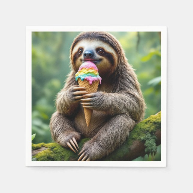 Sloth With a Rainbow Ice Cream Cone Napkin (Front)