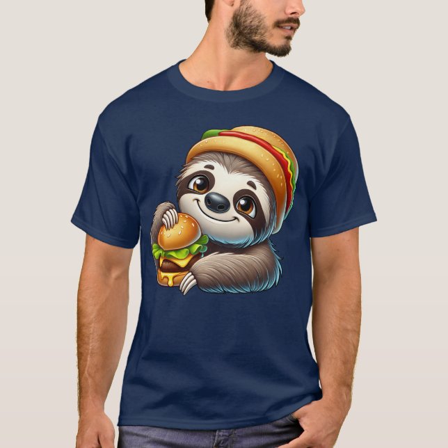Sloth with burger cute fast food cartoon retro T-Shirt (Front)