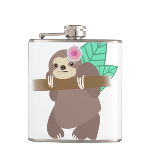 Sloth With Flower Digital Illustration Hip Flask
