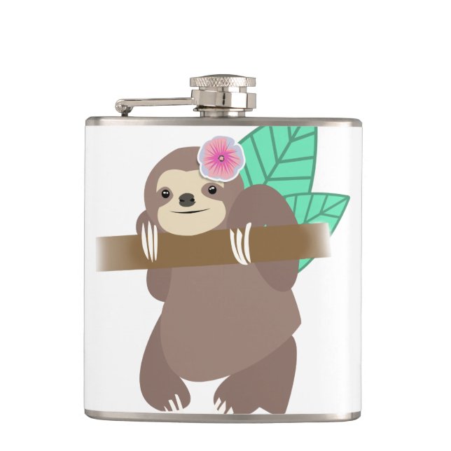 Sloth With Flower Digital Illustration Hip Flask (Front)