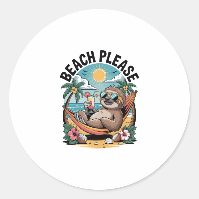 Sloth with Ice Cream Summer Beach Please Classic Round Sticker (Front)