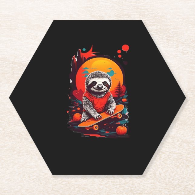 Sloth with skateboard on halloween night Classic T Paper Coaster (Front)
