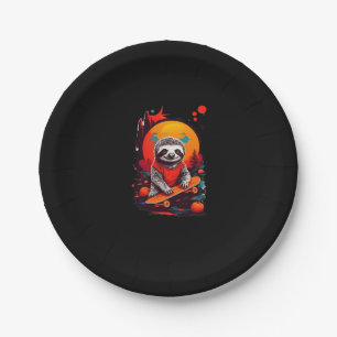 Sloth with skateboard on halloween night Classic T Paper Plate