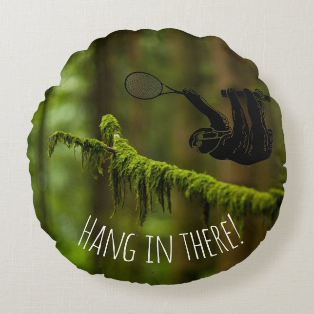 Sloth with Tennis Racquet in the Rainforest Round Cushion (Front)
