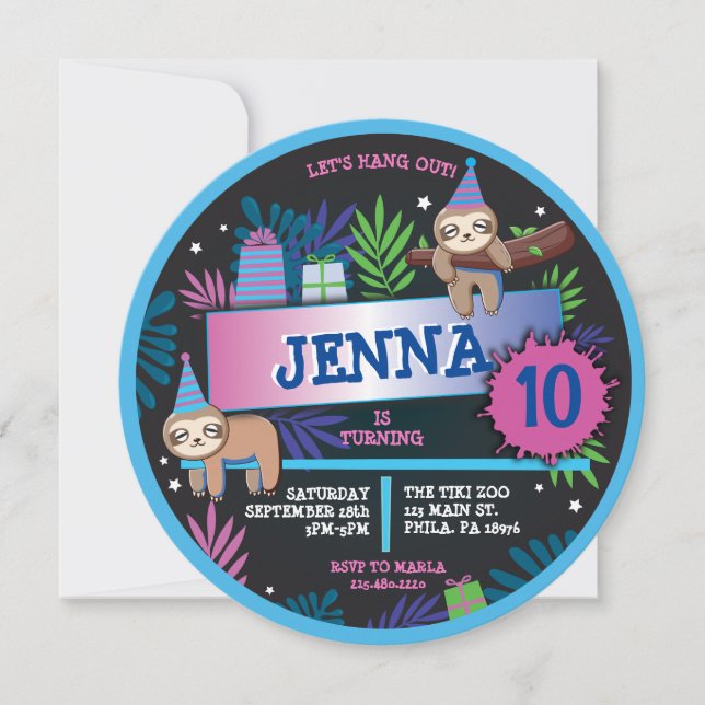 SLOTH ZOO JUNGLE Birthday Party Invitation (Front)