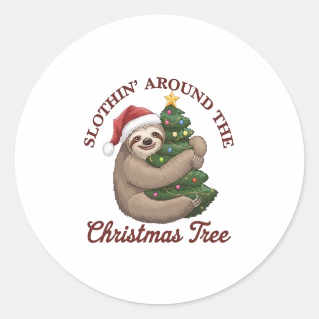 Slothin' Around the Christmas Tree Classic Round Sticker (Front)