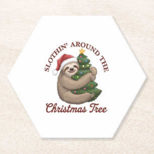Slothin' Around the Christmas Tree Paper Coaster