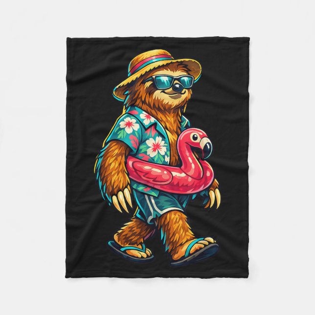 Sloths Flamingo Pool Float Hawaii Surfing Summer Fleece Blanket (Front)