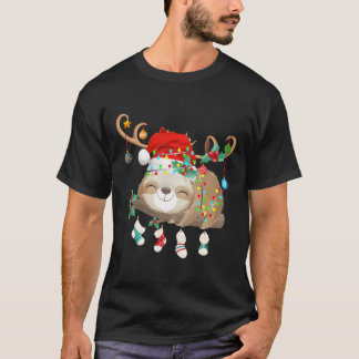 Sloths Xmas Gift Lighting Reindeer Santa Hat Sloth T-Shirt